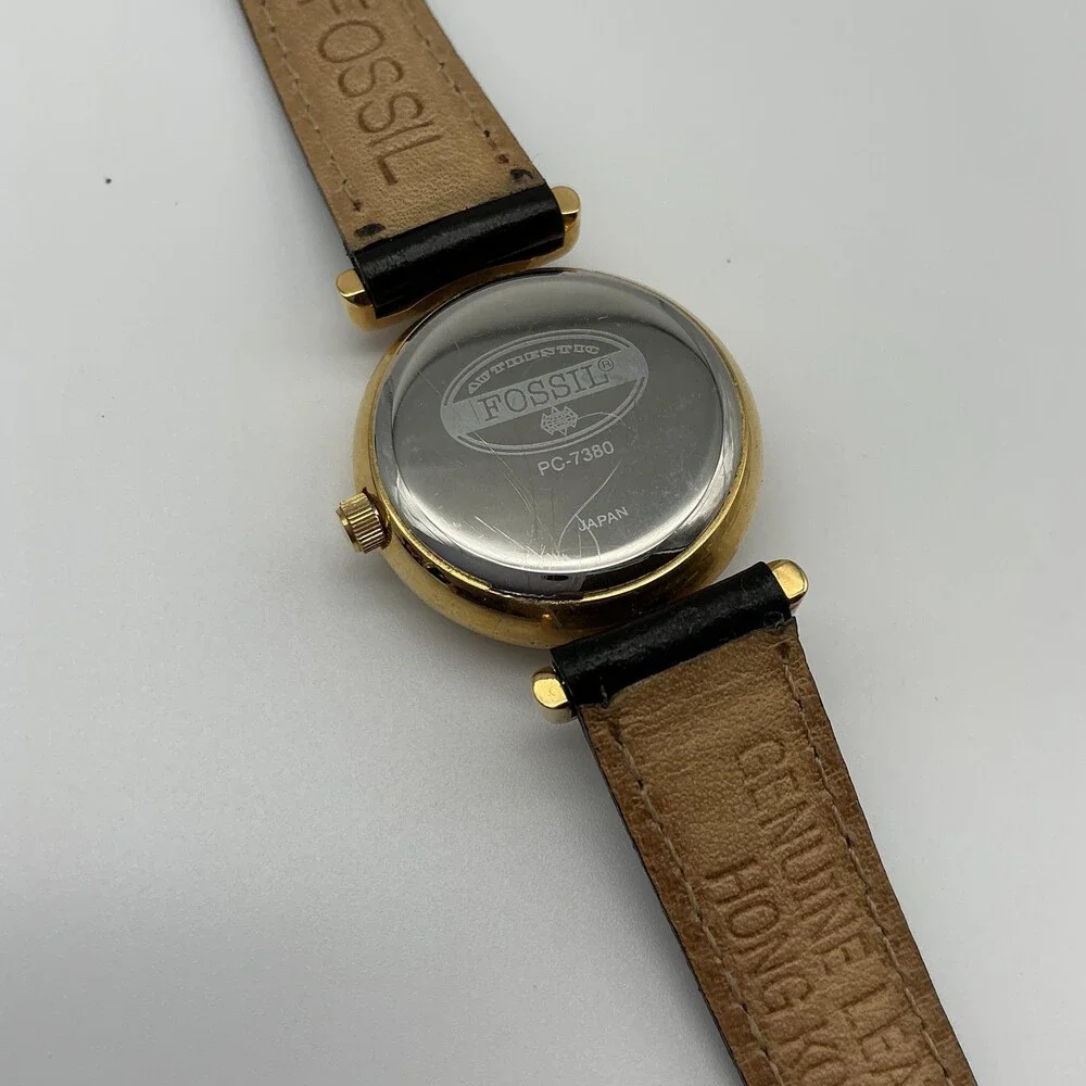 Vintage Fossil PC-7380 Women Watch 26mm Rivoli Crystal Black Leather New Battery